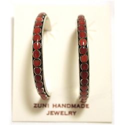 Zuni Coral Sterling Silver Half-Ring Post Earrings - Everett Abeita