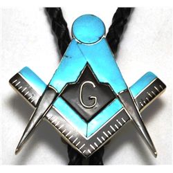 Zuni Onyx & Turquoise Sterling Silver Masonic Bolo Tie - Bobby Concho