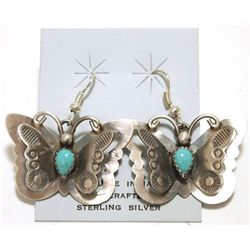 Navajo Turquoise Sterling Silver Butterfly French Hook Earrings - Tim Yazzie