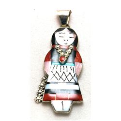 Zuni Multi-Stone Inlay Sterling Silver Red Maiden Pendant - Joyce Waseta