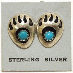 Navajo Turquoise Sterling Silver Bear Paw Post Earrings - Gaynelle Parker