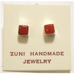 Zuni Coral Sterling Silver Square Post Earrings - Wiston Kalestewa