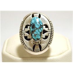 Navajo Spider Web Kingman Turquoise Sterling Silver Women's Ring - Eugene Belone