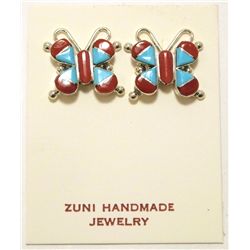 Zuni Coral & Turquoise Inlay Sterling Silver Butterfly Post Earrings - Sylvin Noche