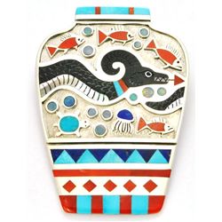 Zuni Multi-Stone Sea Serpent Sterling Silver Pottery Pendant & Pin - Rudell & Nancy Laconsello