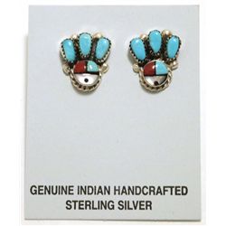 Zuni Multi-Stone Inlay Sun Face Sterling Silver Post Earrings - Ernest Zunie