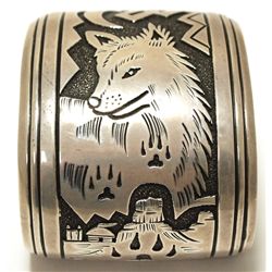 Vintage Old Pawn Navajo Sterling Silver Wolf LARGE Cuff Bracelet - Tommy Singer