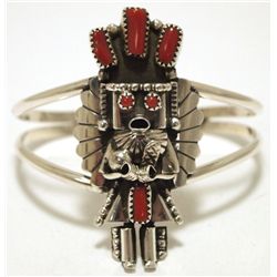 Navajo Coral Sterling Silver Kachina Cuff Bracelet - Doris Smallcanyon
