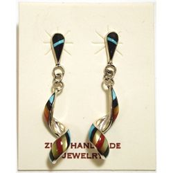 Zuni Multi-Stone Inlay Sterling Silver Spiraling Post Earrings - Idella Edaakie