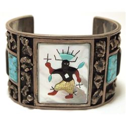 Vintage Old Pawn Zuni Multi-Stone Inlay Kachina Sterling Silver Cuff Bracelet - AA Panteah 1969