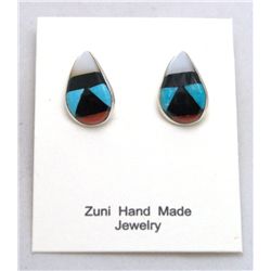 Zuni Multi-Stone Inlay Curved Sterling Silver Post Earrings - Leif Esalio