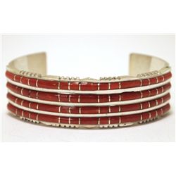 Zuni Coral Overlay Sterling Silver Cuff Bracelet - Sheldon Lalio