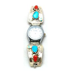 Zuni Coral and Turquoise Women's Watch - Effie Calavaza