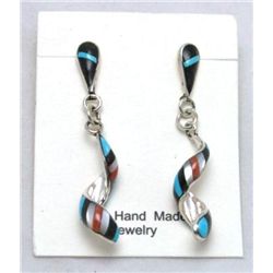 Zuni Multi-Stone Inlay Large Sterling Silver Spiraling Earrings - Idella Edaakie