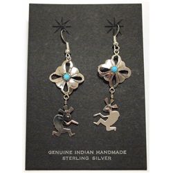 Navajo Turquoise Sterling Silver Kokopelli French Hook Earrings - Francis Pete