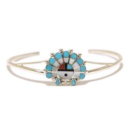 Zuni Multi-Stone Inlay Sun Face Sterling Silver Cuff Bracelet - Emma Romancito