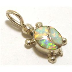 Zuni White Opal Inlay Sterling Silver Turtle Pendant - Vernon Waikaniwa