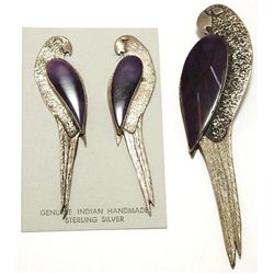 Old Pawn Zuni Sugilite Sterling Silver Macaw Pendant & Earrings Set - L Elk