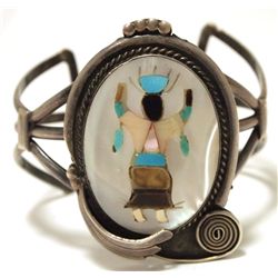 Vintage Old Pawn Zuni Multi-Stone Inlay Apache Dancer Sterling Silver Cuff Bracelet - KY Bill