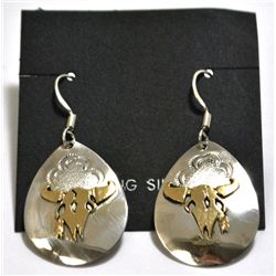 Navajo 12k Gold Filled Bull Skull Sterling Silver French Hook Earrings - Roger Jones
