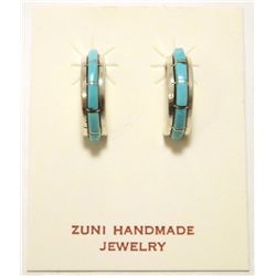 Zuni Turquoise Inlay Sterling Silver Half-Ring Post Earrings - Keith Nastacio