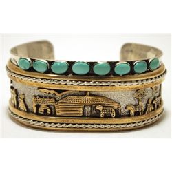 Navajo Turquoise 12k Gold Fill Pueblo over Sterling Silver Cuff Bracelet - Nelvin Burbank