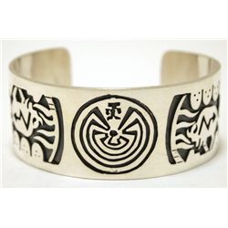 Navajo Sterling Silver Man on Maze & Buffalo Cuff Bracelet - Sharon Cisco