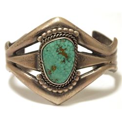 Vintage Old Pawn Navajo Kingman Turquoise Sterling Silver Sand Cast Cuff Bracelet