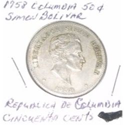 1958 COLUMBIA 50 CENTS SIMON BOLIVAR COIN *VERY RARE-HARD TO FIND COIN*!! COIN CAME OUT OF SAFE BOX!