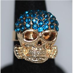 FASHION JEWELRY BLUE CZ SKULL SHAPED BRASS RING