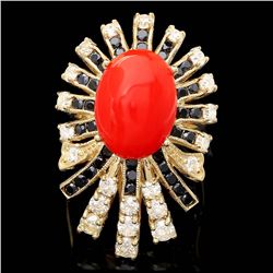 14K YELLOW GOLD 4.00CT CORAL 1.40CT DIAMOND RING