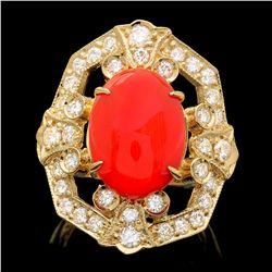 14K YELLOW GOLD 4.60CT CORAL 1.30CT DIAMOND RING