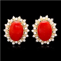 14K YELLOW GOLD 8.00CT CORAL 1.50CT DIAMOND EARRINGS