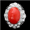 Image 1 : 14K WHITE GOLD 9.00CT CORAL 1.35CT DIAMOND RING