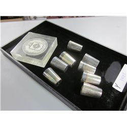 8 Silver Shot Glasses & Paperweight