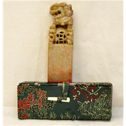 Asian soapstone seal foo lio hand carved 4  tall