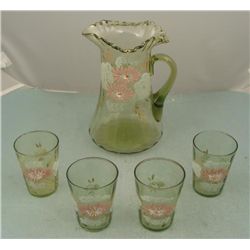 Victorian Art Glass Pitcher & 4 Glasses -Green, Pink