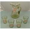 Victorian Art Glass Pitcher & 4 Glasses -Green, Pink