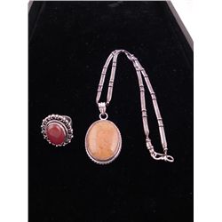 2 Sterling Oval Amber Pendant Necklace, Red Onyx Ring