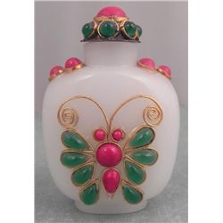 White Glass Beaded Snuff Bottle w/ Butterfly & Flower