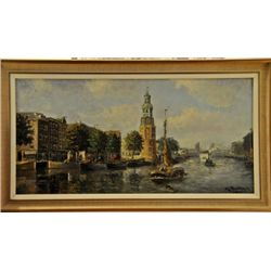 Amsterdam canal oil on canvas signed mid.20th century.