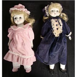 2 Dolls Pink & Purple Dresses Music Box Bisque