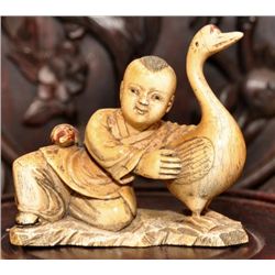 Ivory carving of a boy and goose P. Republic of China