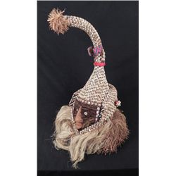 Large African Head Sculpture of Mask w/Fur Shells Beads