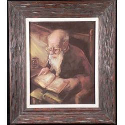 Original Drawing Old Man Reading Scripture Framed