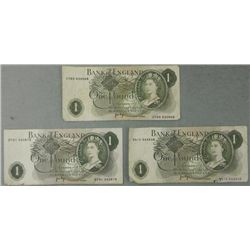 3 Bank of England One Pound Notes 1970