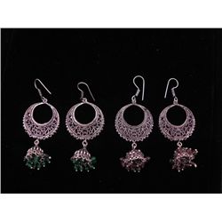 2 Pairs Sterling Earrings w/Dangling Beads Green,Purple