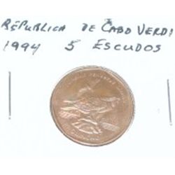 1994 REPUBLIC DE CABO VERDI 5 ESCUDOS *RARE HARD TO FIND*!! COIN CAME OUT OF SAFE BOX!!