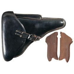 dtv/42 Dated Black Leather Luger Holster and a Pair of Luger Grips