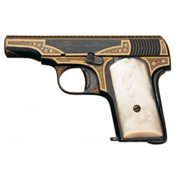 Elaborate Gold Damascene Embellished Automatica Espanola "Buffalo" Marked Semi-Automatic Vest Pocket